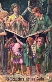 German New Year Greetings Postcard of Angels & Children Singing from Book, Glückliches neues Jahr!