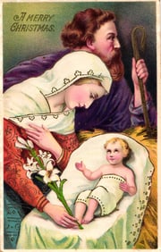 Embossed Christmas postcard of the Holy Family Nativity scene, Mary, Joseph, and Baby Jesus c.1914