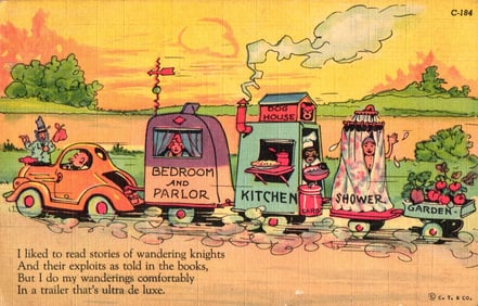 Curt Teich linen comic postcard of a deluxe trailer train with bedroom, kitchen, and shower c. 1941