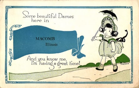 Postcard from the 'Sentimental Kid Pennant' series with a girl in a large bonnet, Macomb, Illinois