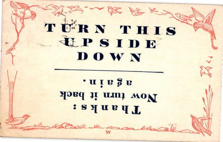 Postcard featuring a novelty puzzle 'Turn This Upside Down' with red ink bird border, postmarked