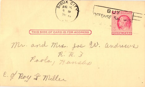 1952 US Postal Card with 1c Benjamin Franklin Defense Savings Stamp, postmarked Sioux City, Iowa.