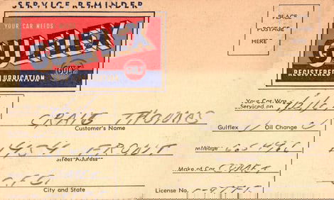 1961 Gulflex Oil Change Service Reminder Postcard from Ave's & Chuck's Gulf in Cuyahoga Falls, Ohio