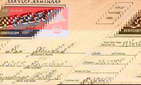 1961 Gulflex Registered Lubrication Service Reminder Postcard from Cuyahoga Falls, Ohio Station