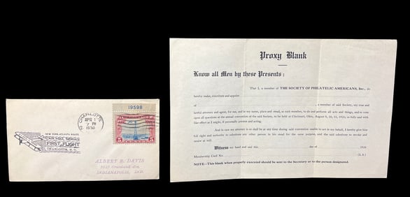 1930 First Flight Airmail Cover – Charlotte NC to Indianapolis w/ 1926 Philatelic Proxy Blank
