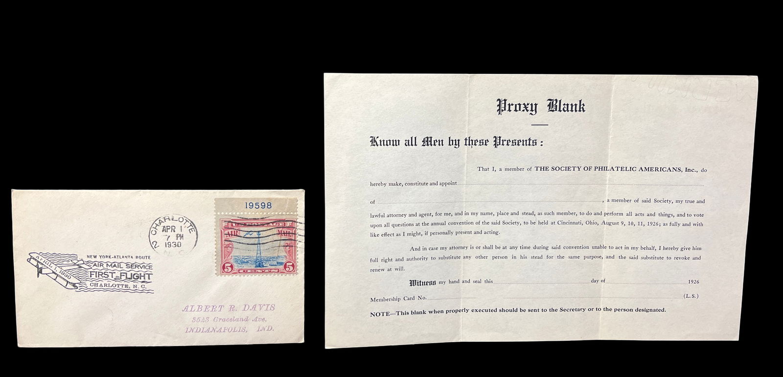 1930 First Flight Airmail Cover – Charlotte NC to Indianapolis w/ 1926 Philatelic Proxy Blank (1 of 4)