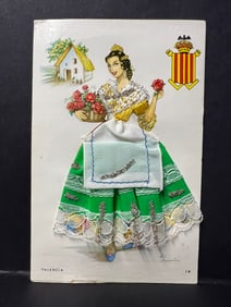 Vintage Spanish Valencia Costume Postcard with Fabric & Lace – 3D Dress, Printed in Spain
