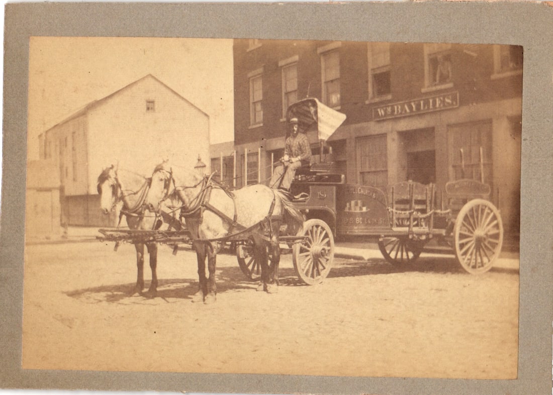 1890s Cabinet Photo – Horse Drawn Driscol, Church & Hall Grocery Wagon, New Bedford MA: Antique cabinet card photo depicting a horse drawn delivery wagon for the wholesale grocers Driscol, Church & Hall who were active at 80–82 Union Street in New Bedford, Massachusetts in the late 180