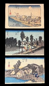 Three Early 20th-Century Japanese Woodblock Postcards – Hiroshige T?kaid?, Tea Advertising