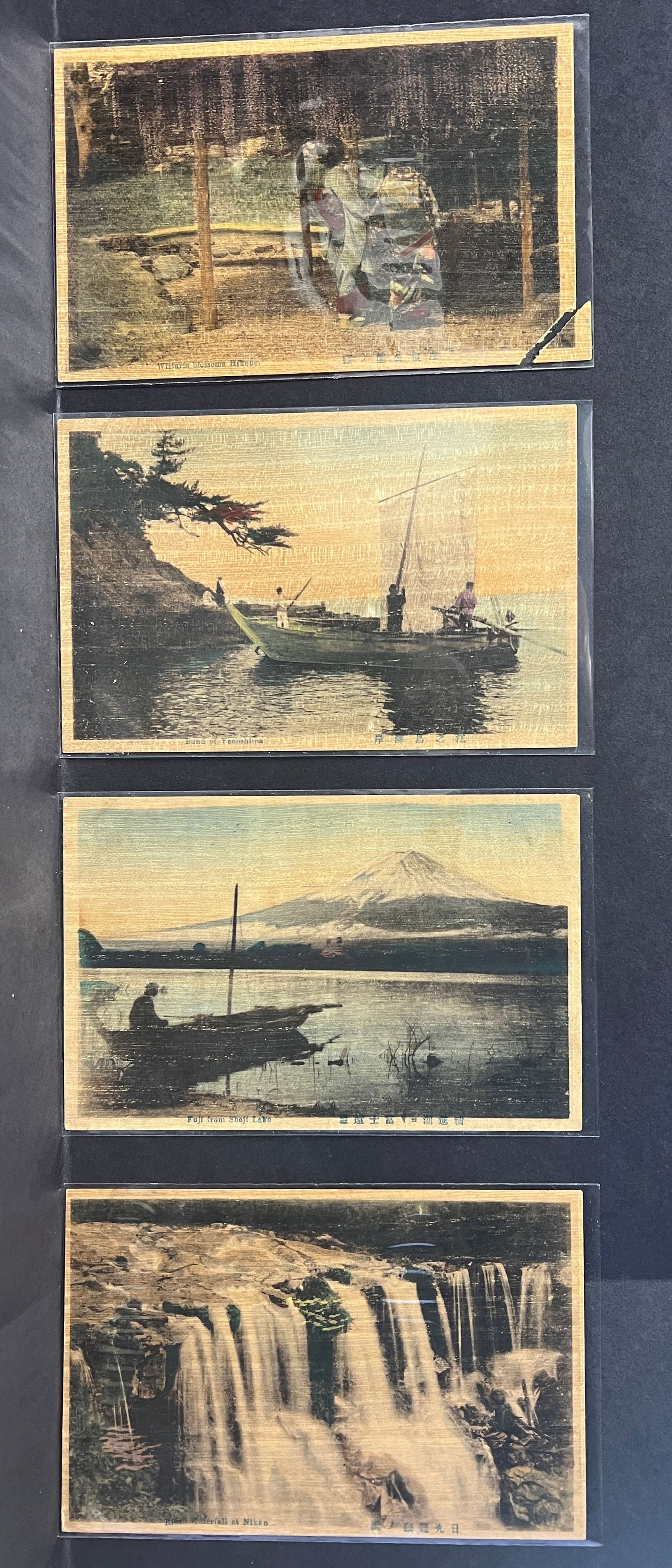 Set of 4 Early 20th?Century Japanese Wood Postcards – Mt. Fuji, Nikko, Enoshima & Sakura Scenes (1 of 6)