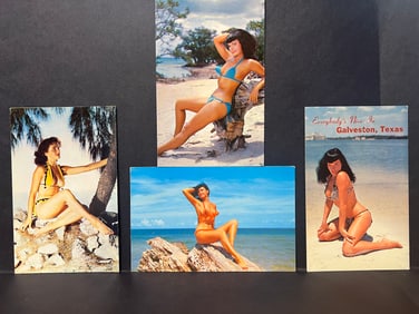 Lot of 4 Mid-20th Century Risqué Bikini Pin-Up Postcards – Color Photos, Beach Settings, Unused