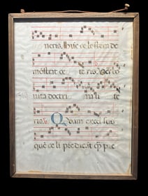 Large Framed Illuminated Manuscript Choir Book Leaf on Vellum 16th or 17th C. Spain or Italy