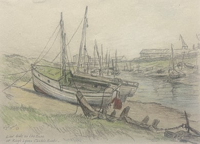William Steeple Davis (1884-1961), Low Tide on the Ouse at King's Lynn - Cockle Boats 1953