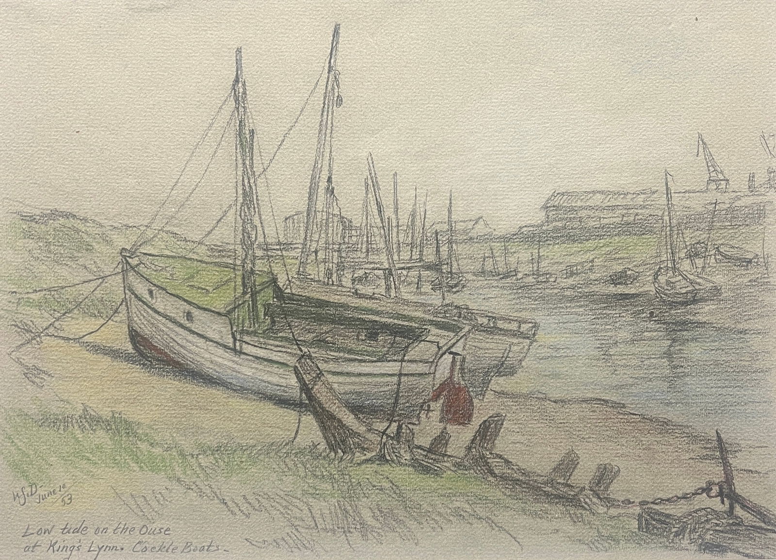 William Steeple Davis (1884-1961), Low Tide on the Ouse at King's Lynn - Cockle Boats 1953 (1 of 6)