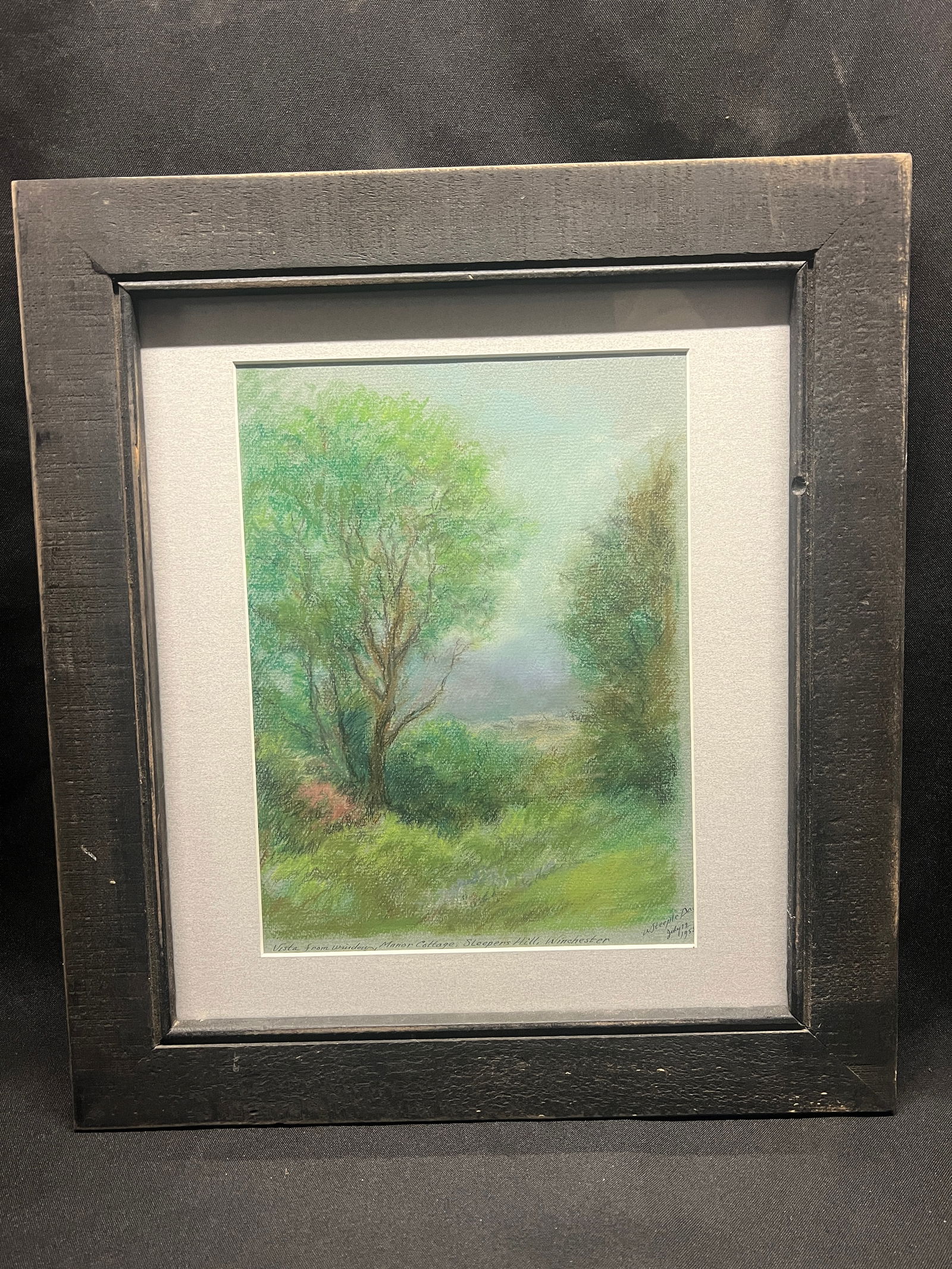 W. Steeple Davis, Pastel 'Vista from Window, Manor Cottage, Sleepers Hill, Winchester' July 1955: A pastel on paper titled "Vista from window, Manor Cottage, Sleepers Hill, Winchester" by William Steeple Davis, signed and dated July 12, 1955 - who was no doubt a guest of the cottage at the time. T
