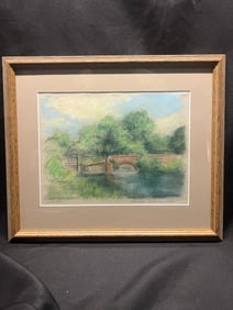 Pastel Drawing by Wm. Steeple Davis (1884-1961), Depicting a bridge over the River Colne,