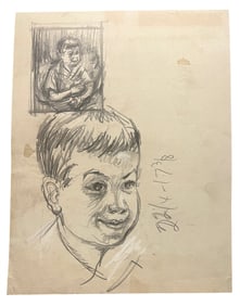 Pencil Drawing on Paper by Robert Berks (1922–2011), A Double Portrait Study of a Young Boy