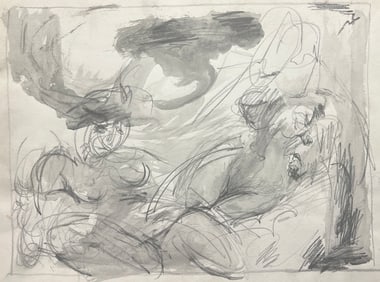 Graphite and Wash on Paper of Nude Figures by Robert Berks (1922–2011), Abstract Style