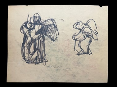 Charcoal Sketch of Jacob and the Angel by Robert Berks (1922–2011), Signed and Dated '48.