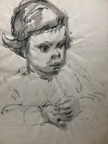 Ink Wash and Charcoal Drawing by Robert Berks (1922–2011), A Portrait Sketch of a Child