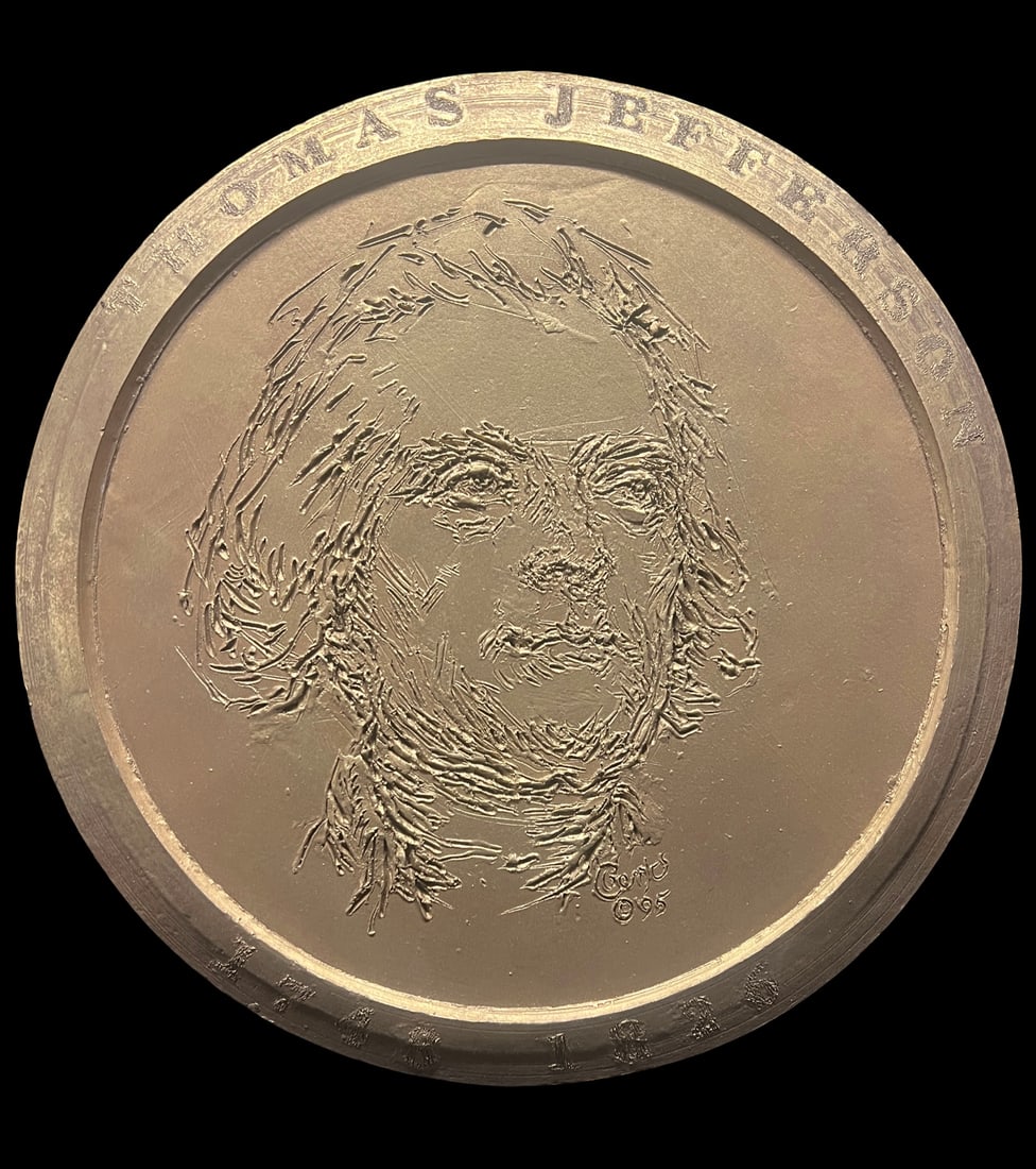 Robert Berks (1922–2011) — Thomas Jefferson Relief Gold Colored Plaster Medallion, 1995: Circular relief medallion depicting Thomas Jefferson, executed in plaster and finished with a bronze/gold-colored paint, approximately 12 in. diameter × 0.75 in. thick; the front presents Berks’ en
