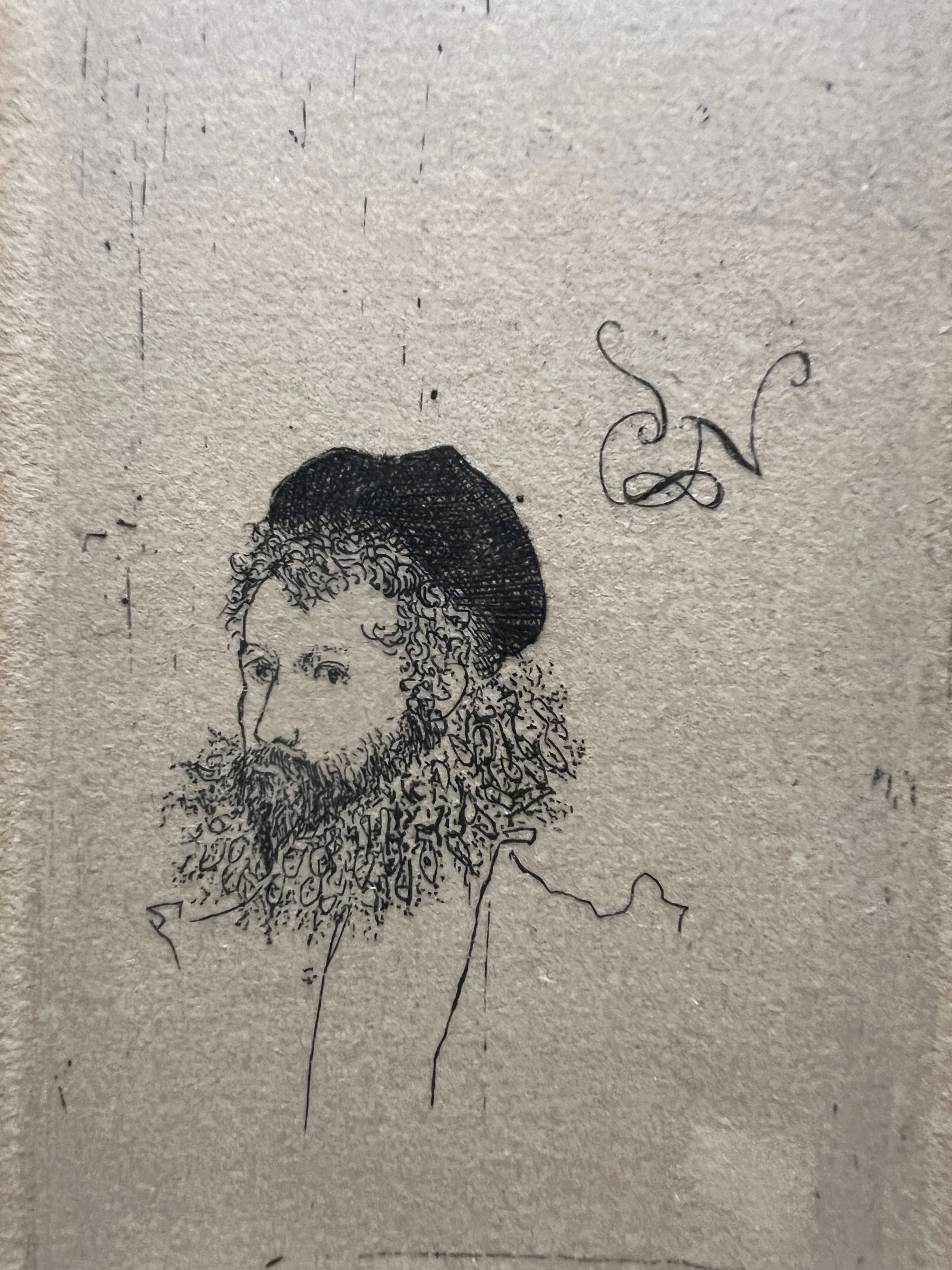 Leonard Baskin etched portrait of a bearded man in cap, finely printed, matted and framed, vertical: Fine Leonard Baskin etching of a bearded man in a cap, rendered with the artist’s characteristic wiry linear detail and sparing use of contour. The small portrait head is set within a tall, narrow p