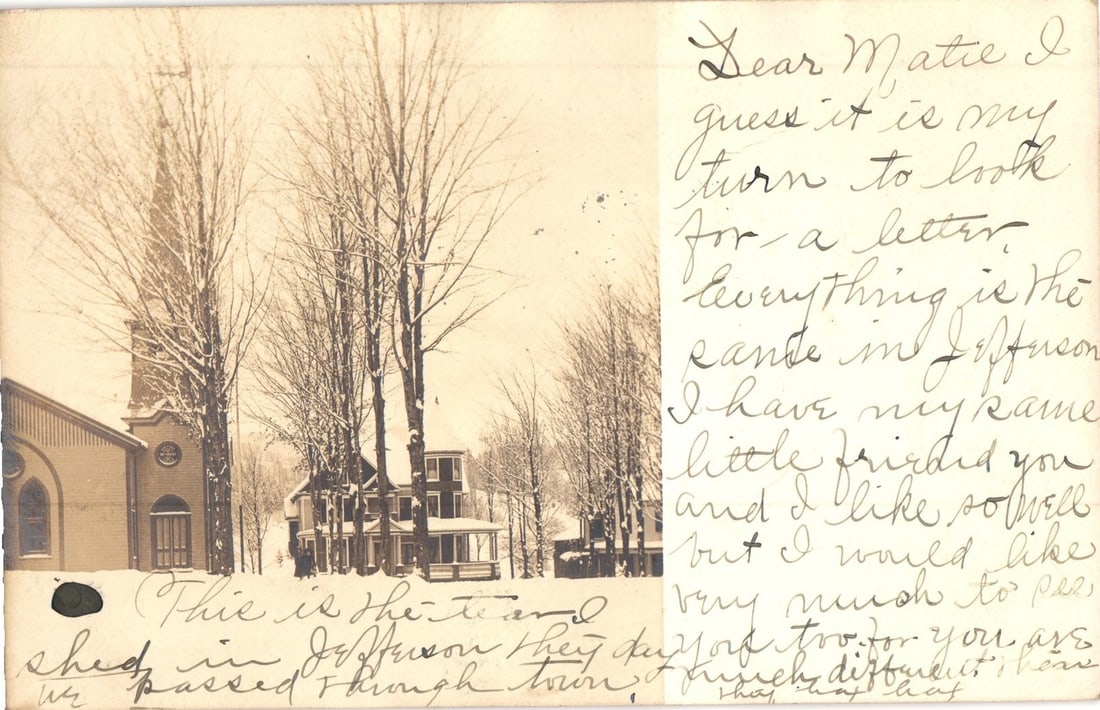 Jefferson, New York Winter Church Scene Real Photo Postcard, Undivided Back, 1906 (1 of 2)