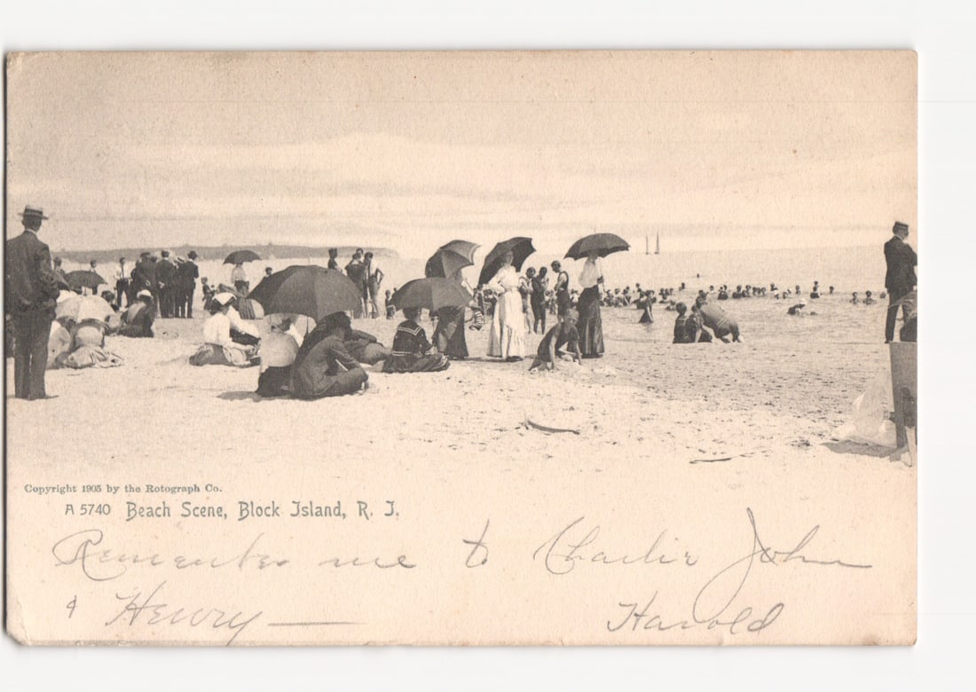 1906 Block Island, R.I. Beach Scene postcard featuring numerous bathers and sun umbrellas (1 of 2)