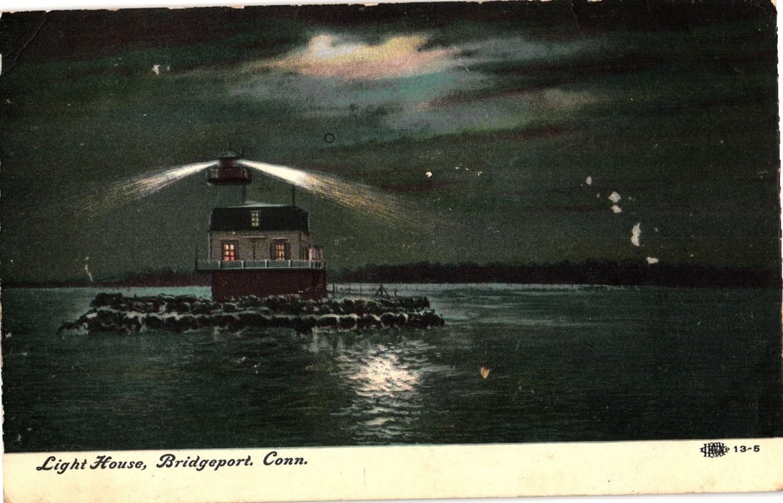 Historic Chromolithograph Postcard: Lighthouse at Night, Bridgeport, Connecticut, Early 20th Century (1 of 2)