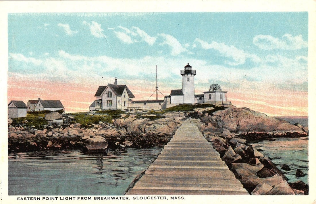 Eastern Point Light from Breakwater, Gloucester, Mass. Lighthouse Landscape Postcard. (1 of 2)