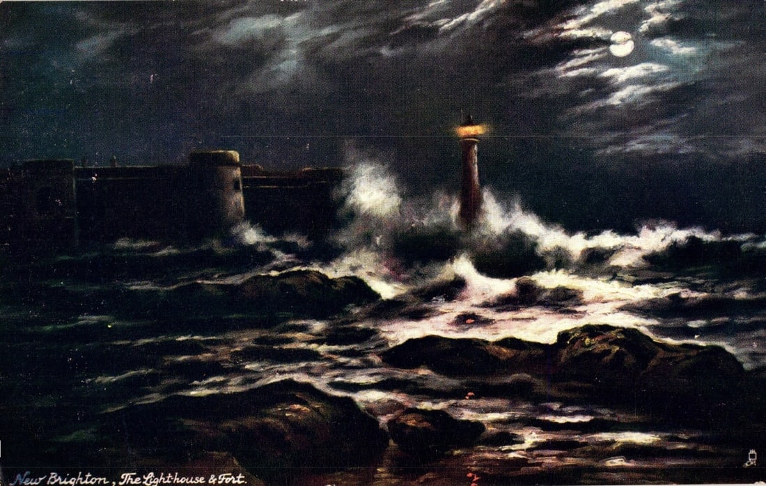 Moonlit Night Scene Postcard of New Brighton Lighthouse and Fort, Liverpool, England, early 20th: A moonlit night scene depicts a lighthouse with its beam shining, waves crashing against a rocky shore, and a fortified structure in the background. The sky is dark and cloudy with a full moon visible