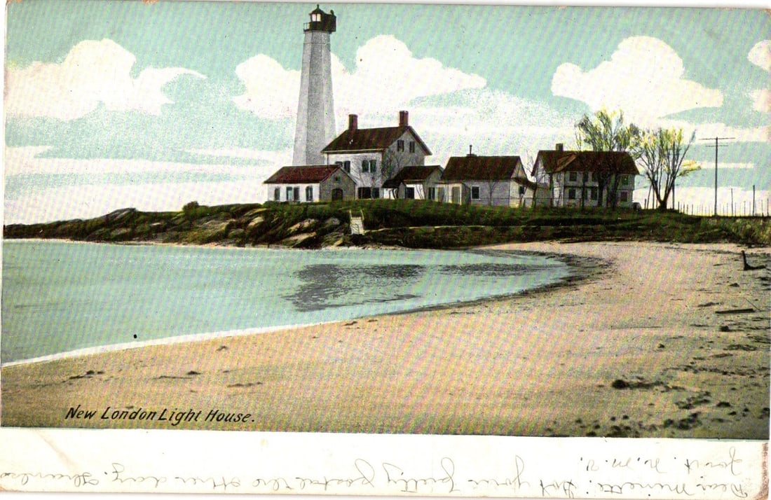 Colorized New London Light House and Buildings on Rocky Shoreline, Coastal View Postcard (1 of 2)