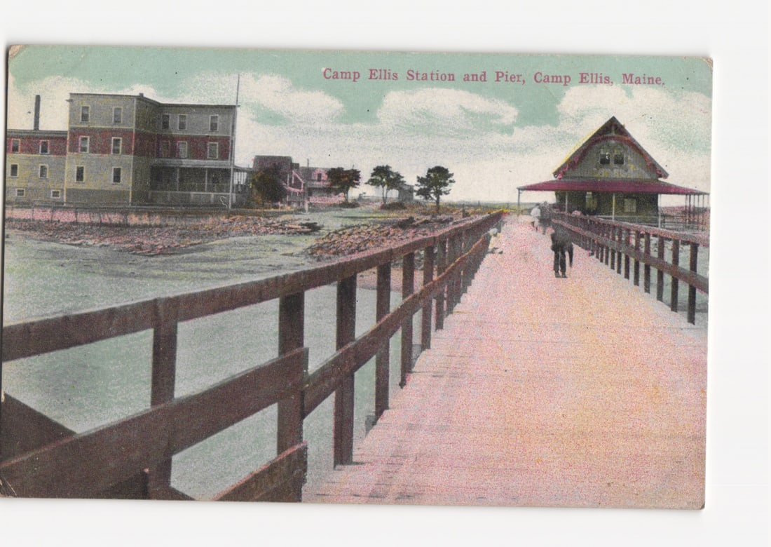 Early 1900s postcard featuring Camp Ellis Station and Pier, a bustling waterfront view in Camp (1 of 2)