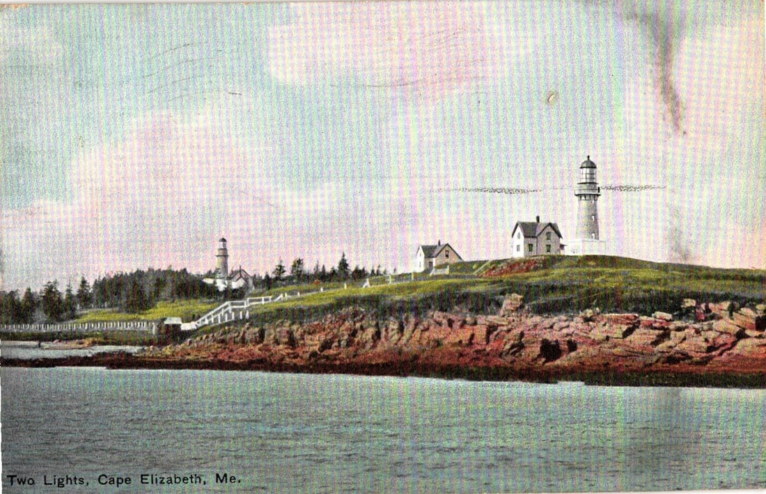 Two Lighthouses at Cape Elizabeth, Maine Coast, Early 1900s Hand-Colored Postcard. (1 of 2)