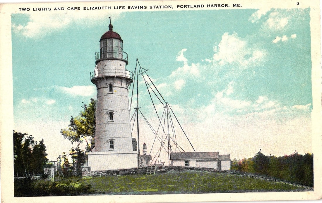 Two Lights and Cape Elizabeth Life Saving Station, Portland Harbor, ME. Colorized postcard. (1 of 2)