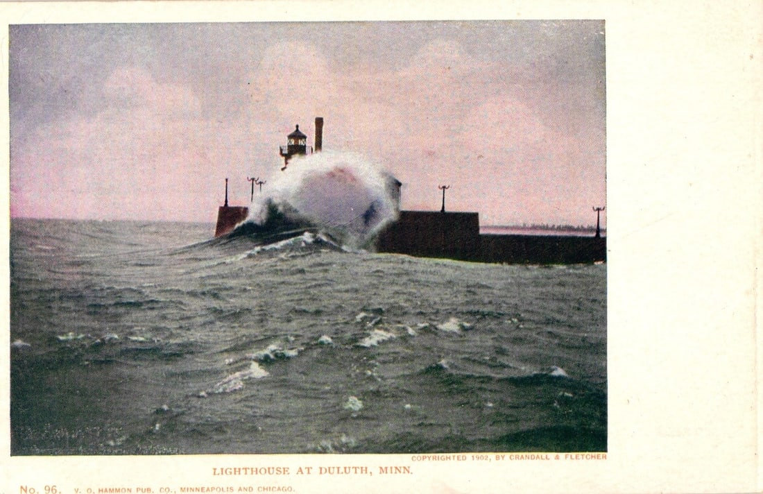 Historic Lighthouse at Duluth, Minnesota with Crashing Waves, 1902 Photo Postcard (1 of 2)