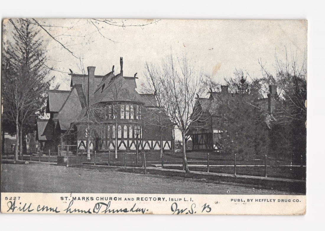 St. Marks Church and Rectory, Islip, Long Island, New York, Early 20th Century Historic Postcard: A prominent view of St. Marks Church and Rectory in Islip, Long Island. The main building features a complex roofline with multiple gables, bay windows, and a distinctive half-timbered architectural s