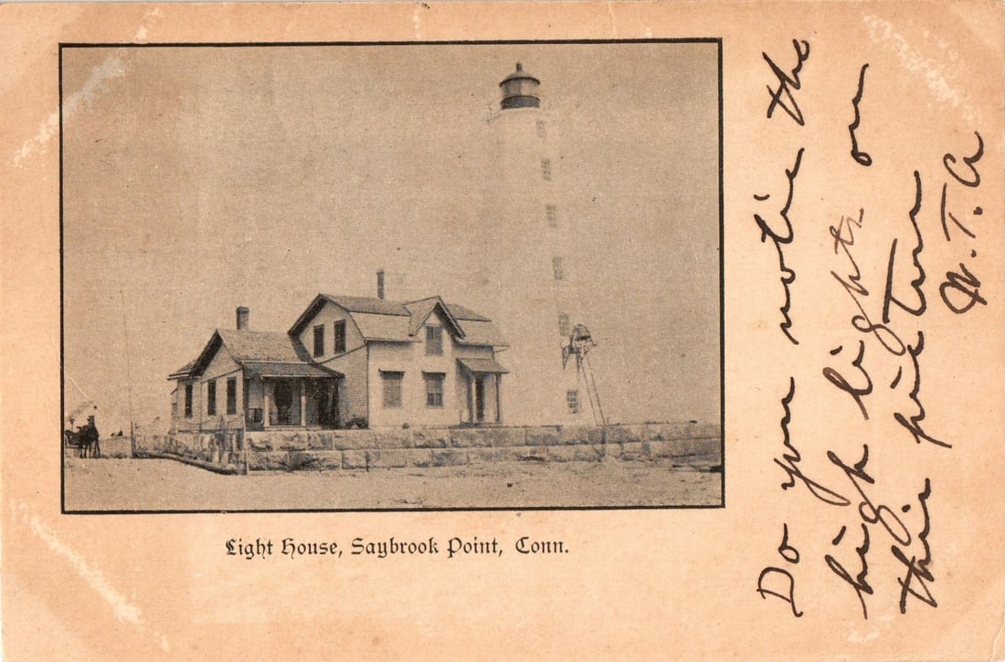 Saybrook Point Lighthouse and Keeper's House, Connecticut, Postmarked 1905 photographic postcard (1 of 2)