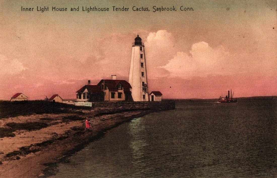 Inner Light House and Lighthouse Tender Cactus, Saybrook, Connecticut, circa 1909 postcard. (1 of 2)