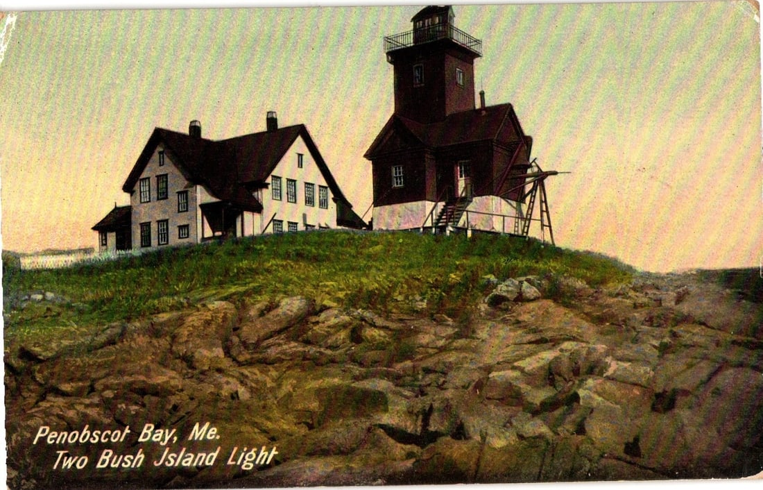 Historic Photochrome postcard depicting Two Bush Island Light, Penobscot Bay, Maine, circa 1913. (1 of 2)