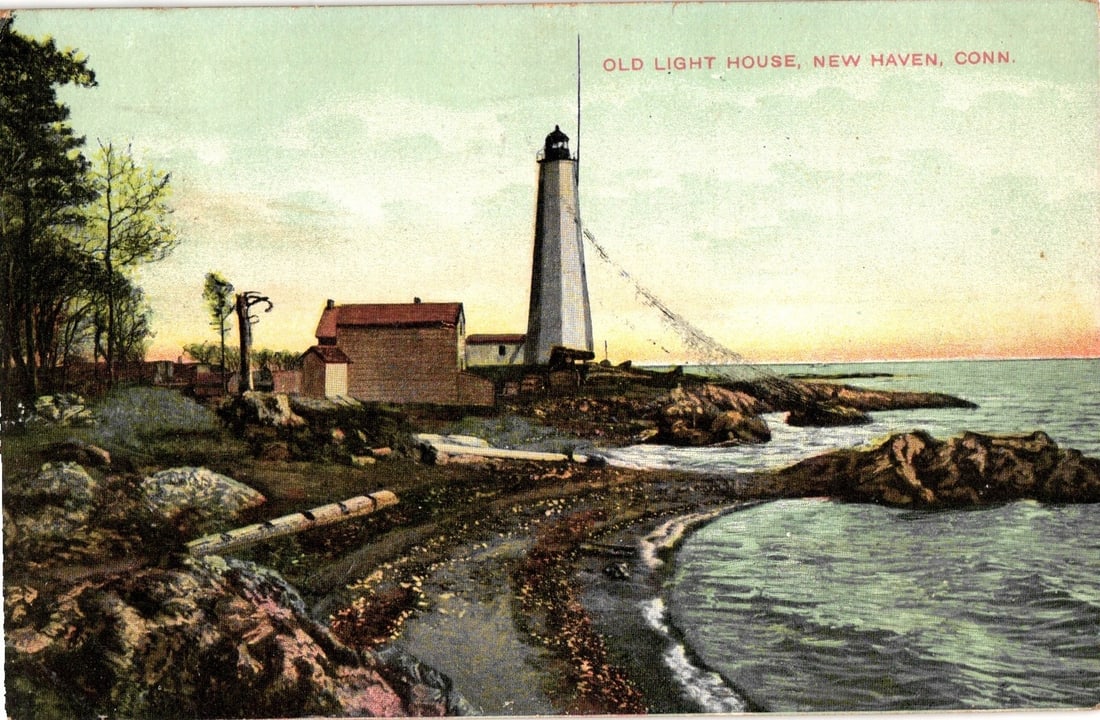 Old Lighthouse at New Haven, Connecticut: Coastal View Chromolithograph Postcard, c. 1909 (1 of 2)