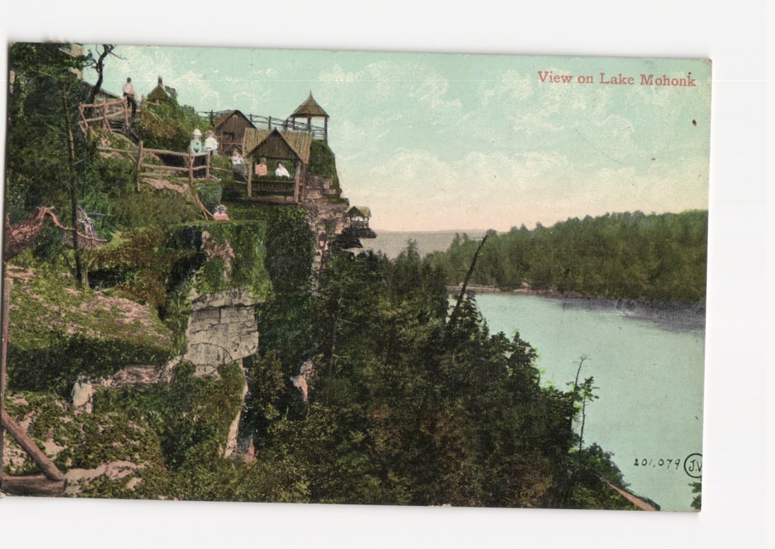 Picturesque Cliffside View of Lake Mohonk with People, Early 20th Century postcard (1 of 2)