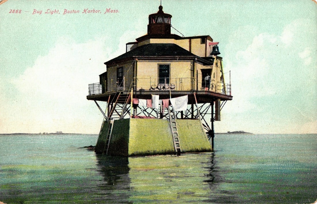 Bug Light, Boston Harbor, Massachusetts, Early 20th Century Chromolithograph Lighthouse Postcard: A chromolithograph depicts the Bug Light lighthouse, a distinct structure erected on pilings above the water. The multi-story building is light brown with a dark, pointed roof, topped by a dark lanter