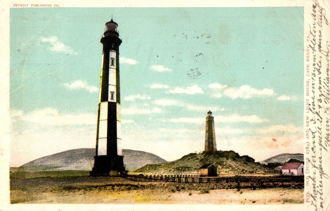 Historic Old and New Lighthouses at Cape Henry, Virginia, from an early 20th Century postcard. (1 of 2)
