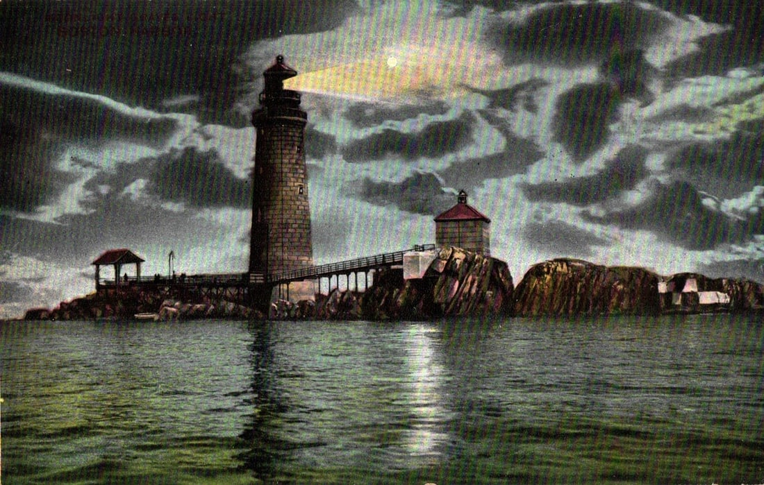 Historic Graves Light Lighthouse, Boston, Massachusetts, at Night, Early 20th Century Postcard. (1 of 2)