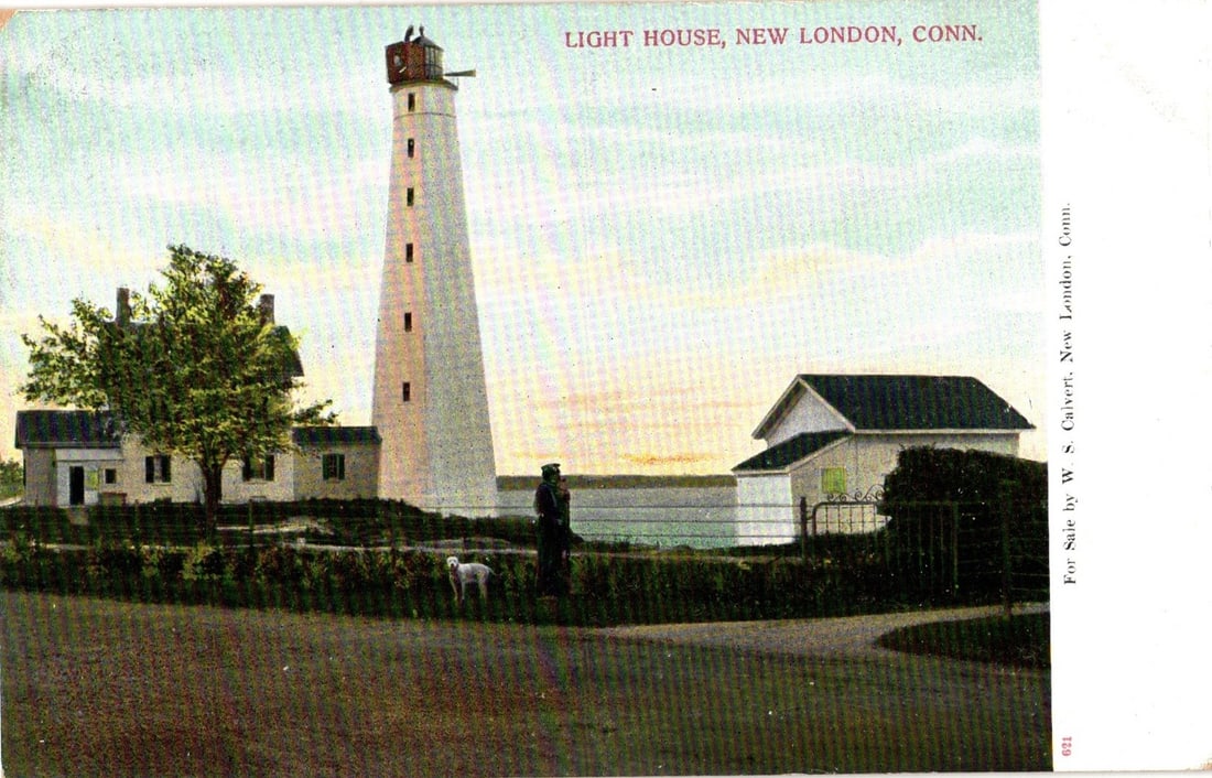 Early 1900s Chromolithograph Postcard depicting New London, Conn. Lighthouse and Coastal Buildings (1 of 2)