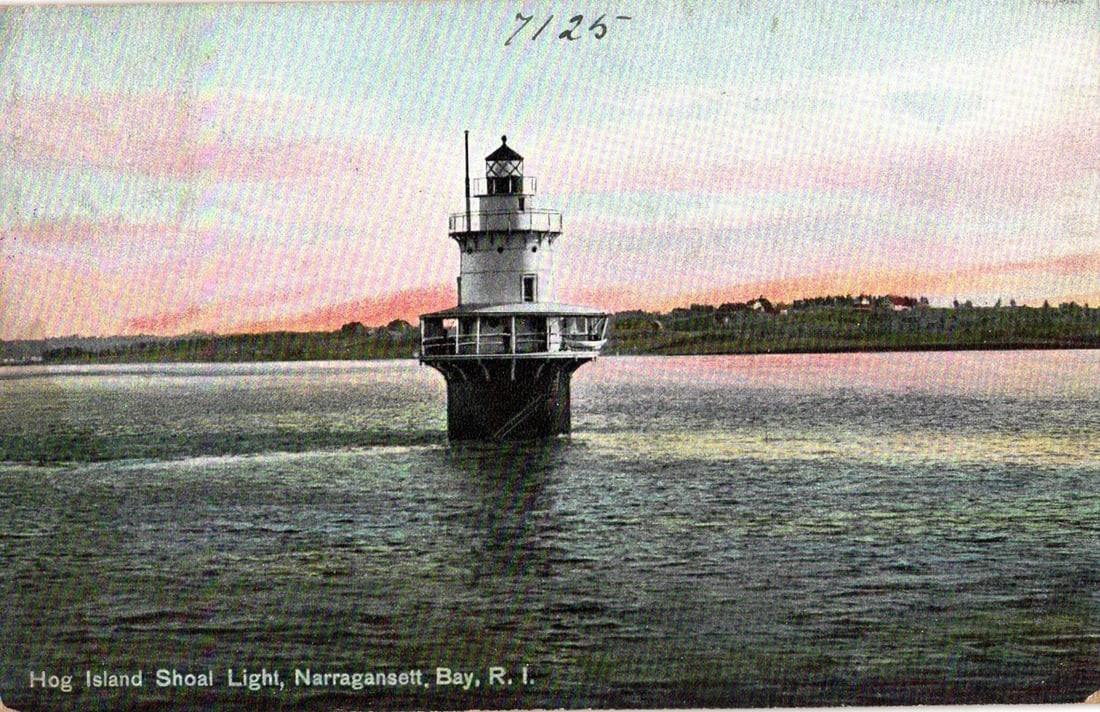 Hog Island Shoal Light, Narragansett Bay, Rhode Island, early 20th-century view postcard.: The Hog Island Shoal Light, a caisson-style lighthouse, is centrally depicted in water with a landmass visible on the distant horizon under a colorful sky. The light features a cylindrical white tower
