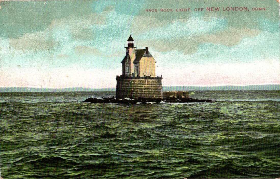 Colorized Chromolithograph postcard depicting Race Rock Light off New London, Connecticut, 1907. (1 of 2)
