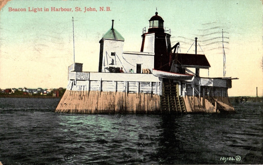 Early 20th Century Beacon Light in Harbour, St. John, New Brunswick, 1911 Canadian postcard (1 of 2)