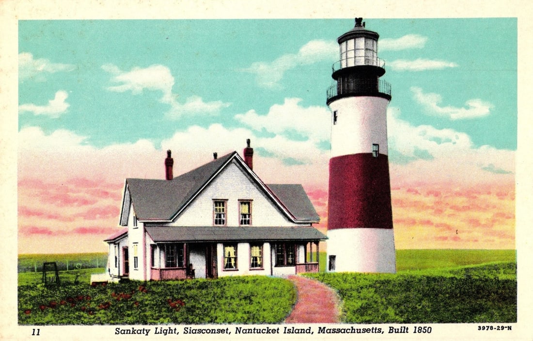Sankaty Light and Keeper's House, Nantucket Island, Massachusetts, 1850, postcard: A view of Sankaty Light, Siasconset, Nantucket Island, Massachusetts, with its associated keeper's house. The lighthouse, a tall cylindrical structure, is white with a broad red band around its middle